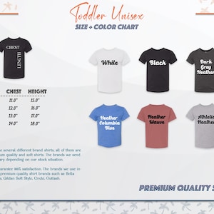 Op de afbeelding: Maattabel voor unisex t-shirts voor peuters. De tabel toont borst- en hoogtemetingen in inches voor maten 2T, 3T, 4T en ST. De tabel toont ook verschillende kleuropties voor de shirts, waaronder wit, zwart, donkergrijs melange, columbia blauw melange, mauve melange en atletisch melange.