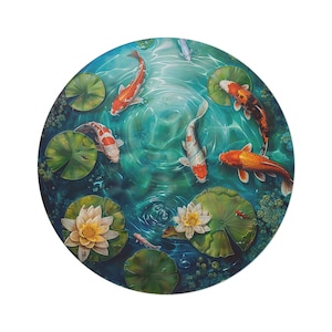 Beautiful Blue Green Koi Pond Rug Round Circular Yoga Zen Blissful Classroom Rug