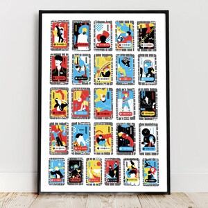 May include: A colorful poster with 25 illustrated cards featuring a person in each card. The cards are arranged in a grid pattern and have a white background with black borders. Each card has a different color scheme and features a different person in a different pose. The cards are all set against a white background.