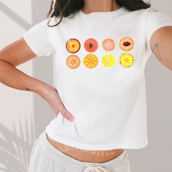 Golden Harvest Baby Tee, Aesthetic Baby Tee, Coquette Top, Women's Fitted Tee, Y2K, Fruit Shirt, Trendy Top, Retro Shirt, Y2K 90s Baby Tee