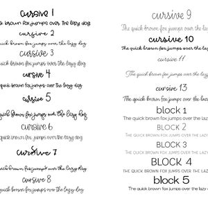 Peut inclure: Une image num&eacute;rique montrant diff&eacute;rents styles de police pour la phrase "The quick brown fox jumps over the lazy dog". Les polices sont &eacute;tiquet&eacute;es "cursive 1" &agrave; "cursive 13" et "block 1" &agrave; "block 5".