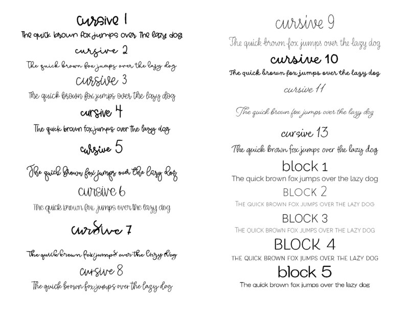 Peut inclure: Une image num&eacute;rique montrant diff&eacute;rents styles de police pour la phrase "The quick brown fox jumps over the lazy dog". Les polices sont &eacute;tiquet&eacute;es "cursive 1" &agrave; "cursive 13" et "block 1" &agrave; "block 5".