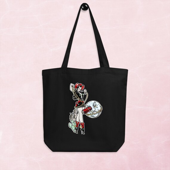 New Design | Vintage Inspired Goth Cowgirl: Roping the Moon | Eco Tote Bag | Econscious EC8000