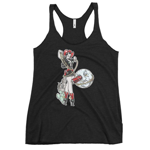 Goth Cowgirl Racerback Tank: Roping the Moon, Raw Edge Seams