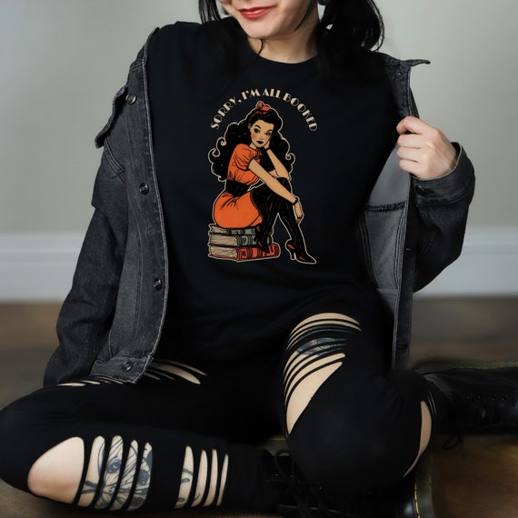 Vintage Pin-up 'All Booked' T-shirt - Retro Style for Book Lovers - Bella + Canvas 3001 in Black, and Black Heather