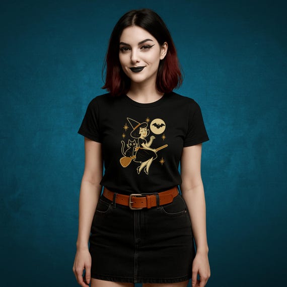 Retro Halloween Witch T-Shirt: Vintage Inspired Broomstick Ride