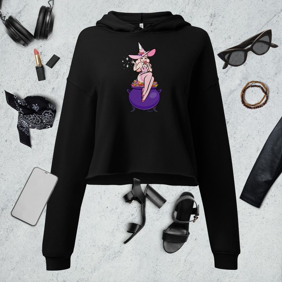 Pastel Goth Crop Hoodie | "One Sweet Witch" Graphic | Cute Witch Illustration | Spooky & Sweet Style