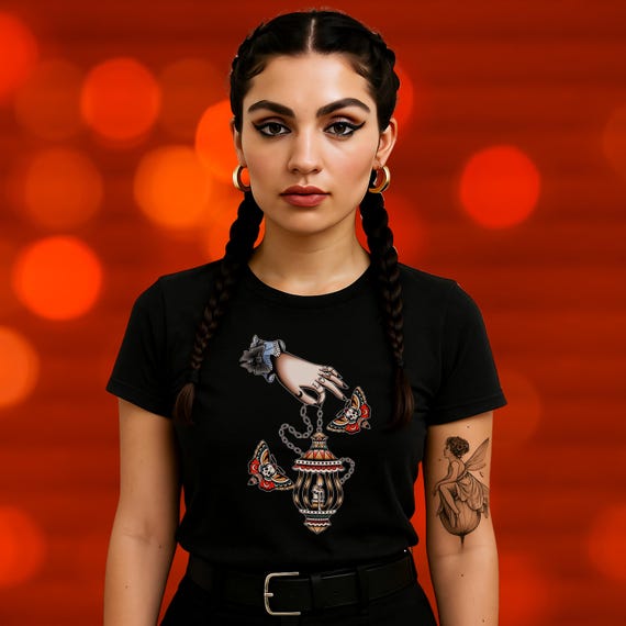 Tattoo Style Victorian Hand & Lantern T-Shirt with Death Moths – Gothic Artwork by Professional Tattoo Artist | Bella + Canvas 3001