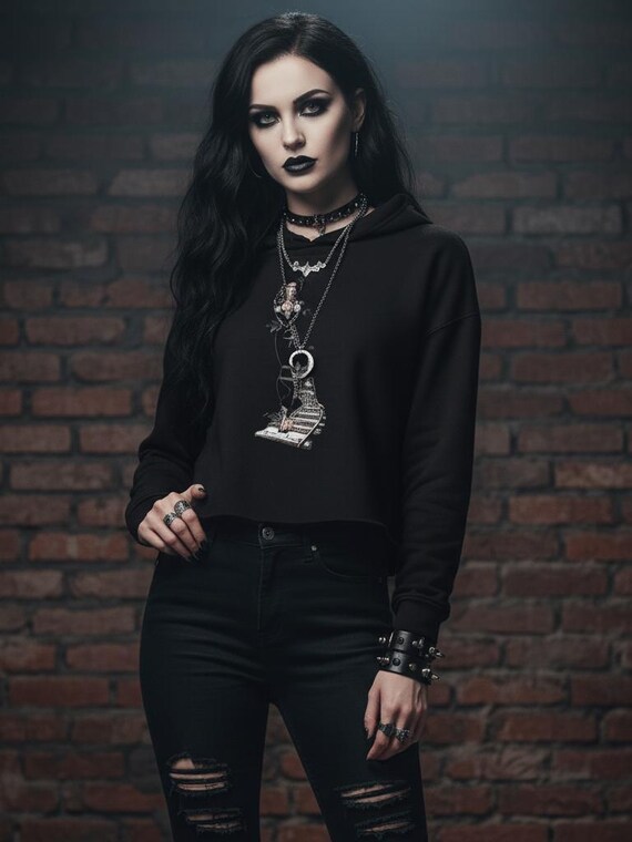 Gothic Retro Tattoo Flash Hoodie | "Wrong Side of the Tracks" | Vamp Pin-Up Crop Hoodie for Her
