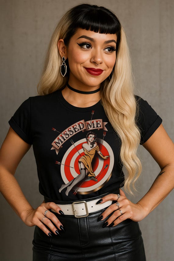 Retro Tattoo Flash Art Shirt | Vintage Pin-Up Girl Graphic Tee | "Missed Me" Noir T-shirt for Women