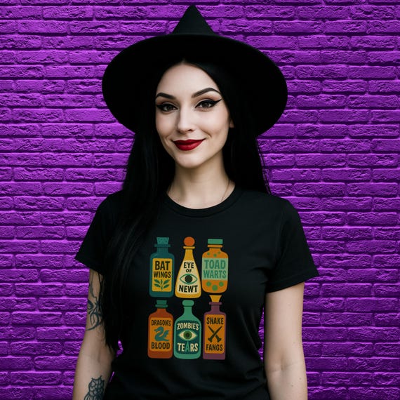 Retro Potion Bottles T-Shirt: 1960s Witchy Halloween Top