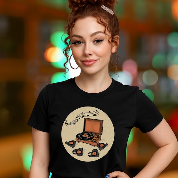 Vintage Vinyl Record Player Tee, Retro Turntable & Heart-Shaped Vinyl LPs | Black