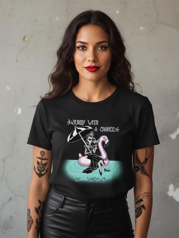 Whimsigoth Tee: Goth Girl on Flamingo - Sunny with Shadows