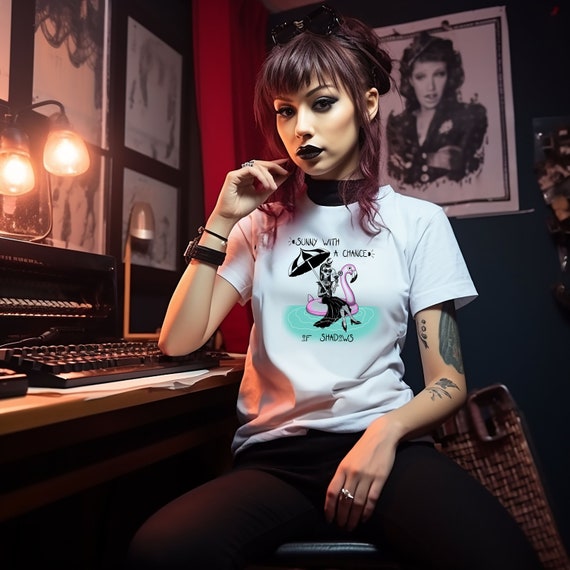 Whimsigoth Tee: Goth Girl on Flamingo - Sunny with Shadows