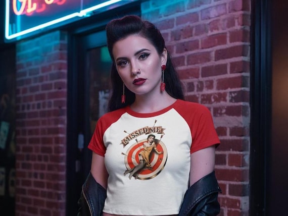 Pin-Up Girl "Missed Me" Raglan Tee | Retro Tattoo Flash Art | Vintage Inspired Baby T-Shirt | Women's Graphic Crop Top | Women's Baby Tee