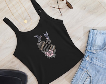 Gratis vogels, T-shirt; Een traditionele tatoeage-illustratie | Microgeribbelde tanktop dames