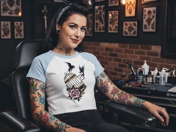 Free Spirit Swallow T-Shirt | Vintage Tattoo Flash Art | Pin-Up Style | Women's Micro Rib Raglan Baby Tee