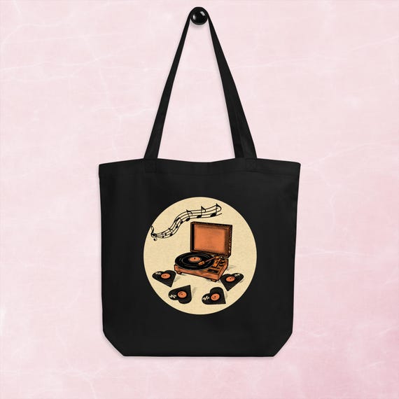 Vintage Vinyl Record Player Tote, Vintage-Inspired Turntable & Heart-Shaped Vinyl LPs | Eco Tote Bag | Econscious EC8000
