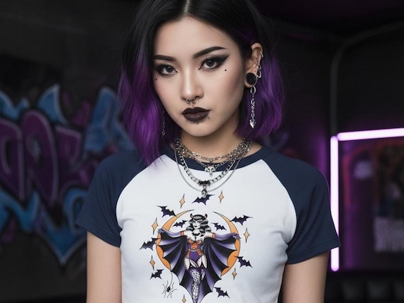 Retro Tattoo Flash "Burlesque Bat" Pin-Up Shirt | Women’s Micro Rib Raglan Baby Tee with a Gothic & Vintage Feel