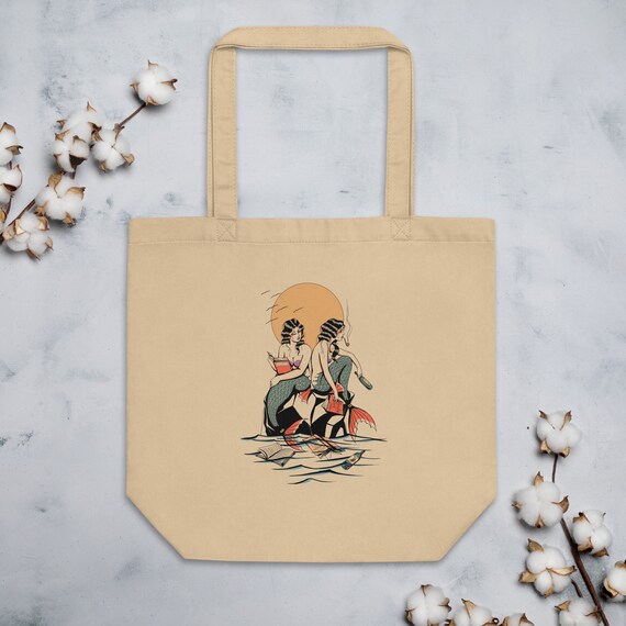 Eco Tote Bag--Mermaids Tattoo Tote / Retro Tattoo Flash / American Traditional Tattoo / Rockabilly Ink Design / Gift for Book Lover