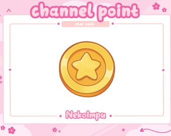 Puede incluir: Una moneda dorada con una estrella en el centro, sobre un fondo blanco. La moneda tiene un borde dorado. Las palabras "channel point" y "star coin" están escritas en la parte superior, y "Nekolmpu" en la inferior, en un marco rosa.