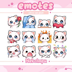 White Cat Emotes Pack 1 (Twitch/Discord/Youtube) - Kawaii - Kitty - Neko