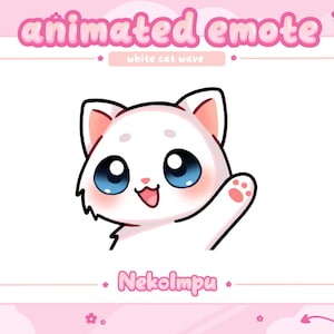 Può includere: Un'illustrazione digitale di un gatto bianco con grandi occhi blu e orecchie rosa, che saluta con una zampa. Il testo recita animated emote, white cat wave e Nekolmpu. Il design è su uno sfondo rosa chiaro con piccole icone di fiori.