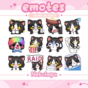 Könnte beinhalten: Ein Set mit 12 digitalen Emojis, die eine Katze im Smoking in verschiedenen Posen und Ausdrücken zeigen. Die Emojis sind mit "Tuxedo Cat Pack 2" und "Nekolmpu" beschriftet.