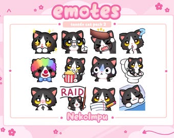 May include: A set of 12 digital emotes featuring a tuxedo cat in various poses and expressions. The emotes are labeled "Tuxedo Cat Pack 2" and "Nekolmpu".