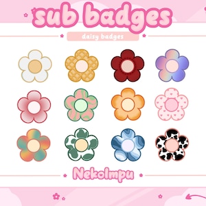 Peut inclure: Une collection de douze badges secondaires en forme de marguerite, de différentes couleurs et motifs. Les badges comprennent des motifs avec des dégradés, des textures et des couleurs unies. Le texte "sub badges" et "daisy badges" est affiché en haut, et "Nekolmpu" en bas.