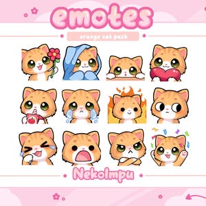 May include: A set of 12 orange cat emotes with different expressions, including happy, sad, angry, and surprised. The emotes are designed in a cute, cartoon style and are perfect for use on Twitch, Discord, or other online platforms. The text "emotes" and "orange cat pack" is at the top of the image, and the text "Nekolmpu" is at the bottom.