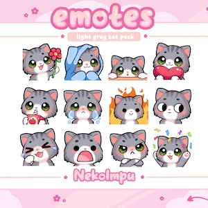 Emote-Paket „Hellgraue getigerte Katze“ #1 (Twitch/Discord/YouTube) – Kawaii – Kätzchen – Neko