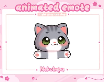 May include: Animated emote of a light gray cat with green eyes and pink cheeks clapping. The cat is drawn in a cartoon style with large eyes and a cute expression. The text "light gray cat clap" and "Nekolmpu" are also included in the image.