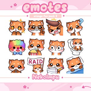 Può includere: Una collezione di emote di volpe arancione con varie espressioni, tra cui sorpresa, rabbia e confusione. I testi "emotes" e "orange fox pack 2" sono in alto, e "Nekolmpu" in basso, il tutto su uno sfondo rosa.