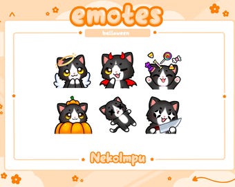 May include: A collection of six Halloween-themed cat emotes. Each black and white cat has a different costume or accessory, including angel wings, devil horns, and a pumpkin. The word "emotes" and "Halloween" are at the top.