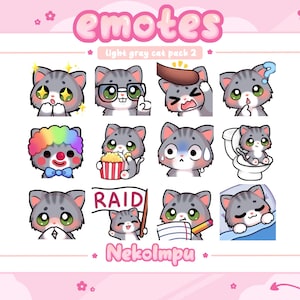 Light Gray Tabby Cat Emotes Pack 2 (Twitch/Discord/Youtube) - Kawaii - Kitty - Neko
