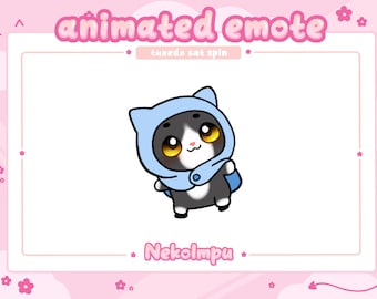 May include: Animated emote of a tuxedo cat wearing a blue hooded scarf, spinning. The cat has black and white fur, yellow eyes, and a pink nose. The text "tuxedo cat spin" is above the cat, and the text "Nekolmpu" is below the cat.