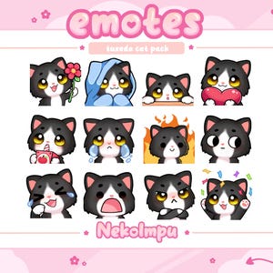 Può includere: Un set di 12 emoji animati che mostrano un gatto tuxedo con diverse espressioni. Gli emoji sono etichettati come "Tuxedo Cat Pack" e "Nekolmpu".
