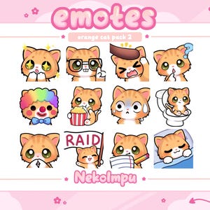Op de afbeelding: Een set van 12 oranje kat-emotes met verschillende uitdrukkingen, waaronder verrast, nadenkend en slapen. De emotes zijn ontworpen in een cartoon-stijl en zijn perfect voor gebruik op Twitch, Discord of andere online platforms. De tekst "emotes" en "orange cat pack 2" staat bovenaan de afbeelding. De tekst "Nekolmpu" staat onderaan de afbeelding.