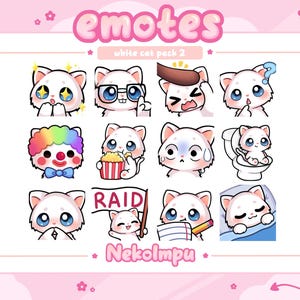 White Cat Emotes Pack 2 (Twitch/Discord/Youtube) - Kawaii - Kitty - Neko