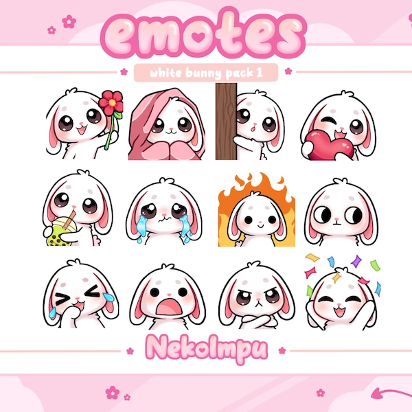 White Bunny Emotes Pack #1 (Twitch/Discord/Youtube) - Kawaii - Bunny - Usagi