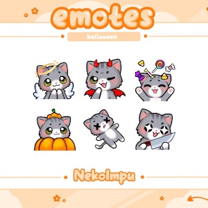 May include: Six cartoon cat emotes with a Halloween theme. The gray and white cats are depicted in various costumes, such as angel wings, devil horns, and a pumpkin. The words "emotes" and "Halloween" are written at the top of the image.