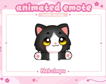Puede incluir: Emoticono animado de un gato tuxedo negro y blanco con orejas y patas rosas, aplaudiendo con sus patas. El gato tiene ojos grandes y amarillos y una cara blanca. El texto "tuxedo cat clap" está por encima del gato y el texto "Nekolmpu" está por debajo del gato.
