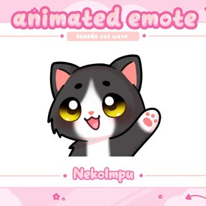 Può includere: Un'illustrazione digitale di un gatto tuxedo con pelo nero e bianco, grandi occhi gialli e naso rosa, che saluta con una zampa. L'immagine presenta il testo "animated emote", "tuxedo cat wave" e "Nekolmpu" su uno sfondo rosa chiaro.