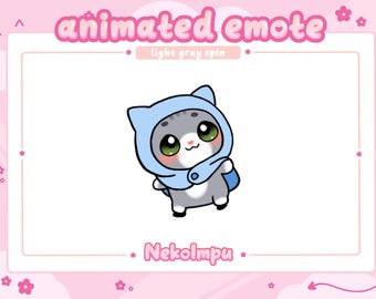 May include: Animated emote of a light gray cat wearing a blue hooded scarf. The cat has green eyes and a pink nose. The text "light gray spin" and "Nekolmpu" are below the cat.