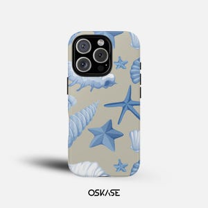 Telefoonhoesje KORALEN EN ZEESCHELPEN | Tropical Ocean-hoesje voor iPhone 16, 15, 14, 13, 11, Galaxy S21, Pixel, Blue and Cream, Fish, Dolphin, Whale