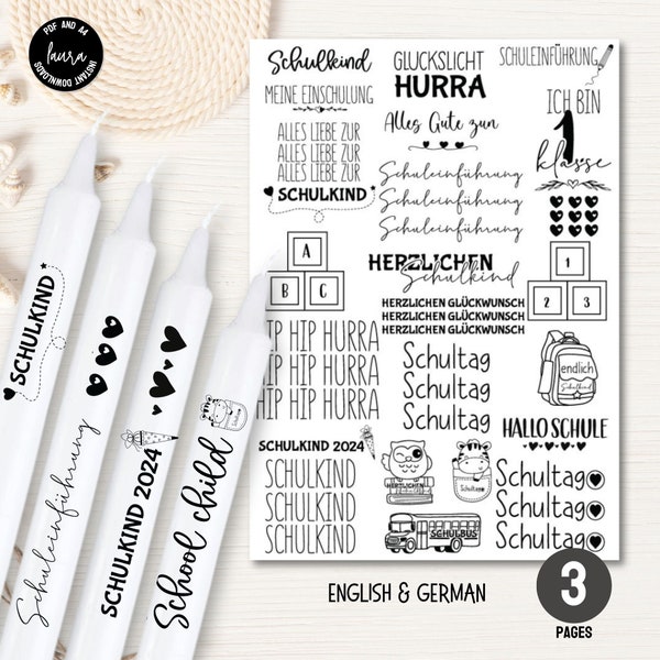 School Candle Tattoos Template PDF, Schoolchild 2024, School enrollment Decoration, Water slide film, School Day Candle Stickers