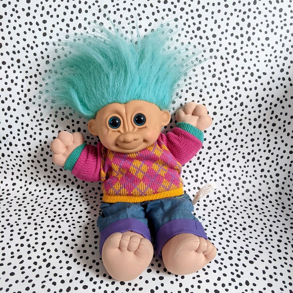 Large Soft Body Russ Troll Vintage with Original Outfit | Woolly Jumper Turquoise Hair Perfect Retro Gift for a Troll Fan or Collector