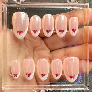 Christmas French Bow Press-On Nails | Handmade Press-Ons | Gel Press-Ons | Reusable Press-Ons