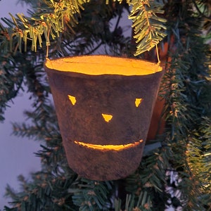 4 Primitive Halloween Jack-O-Lantern Pumpkin pails buckets blackened flicker light